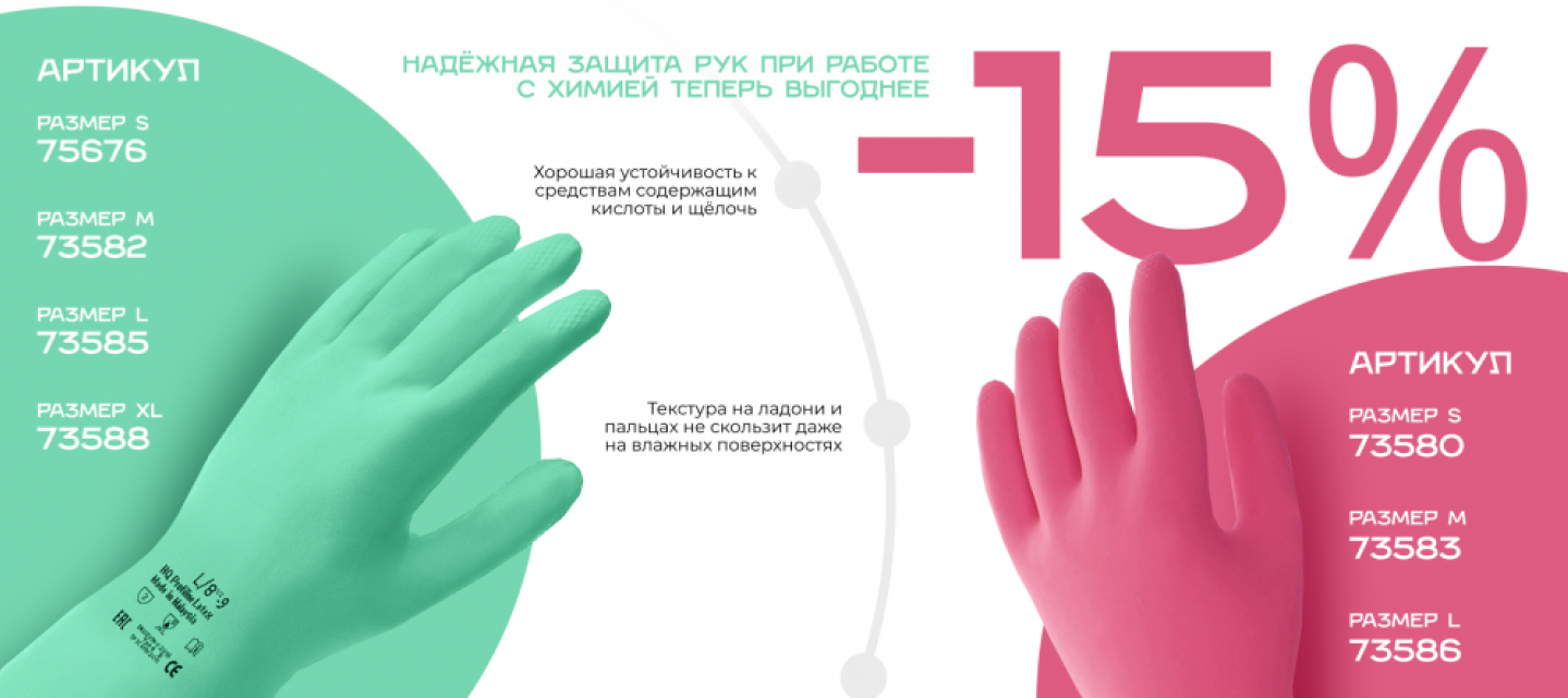 Скидка 15% на перчатки, стойкие к кислотам и щелочам (КЩС)